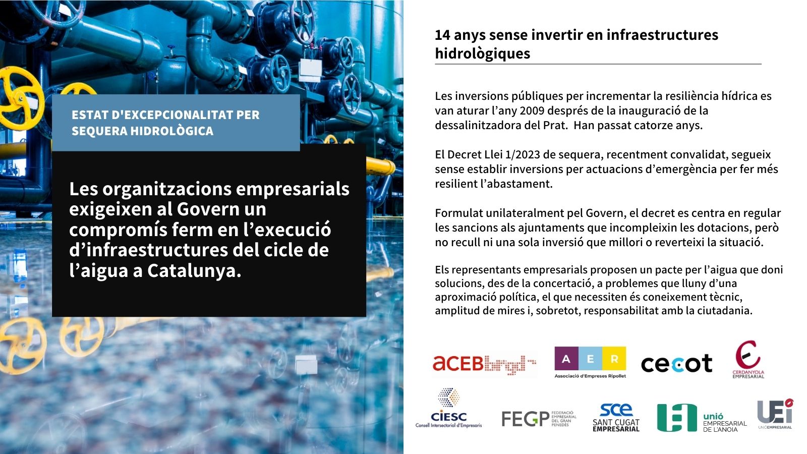 les organitzacions empresarials exigeixen al Govern un compromís ferm en l’execució d’infraestructures del cicle de l’aigua a Catalunya